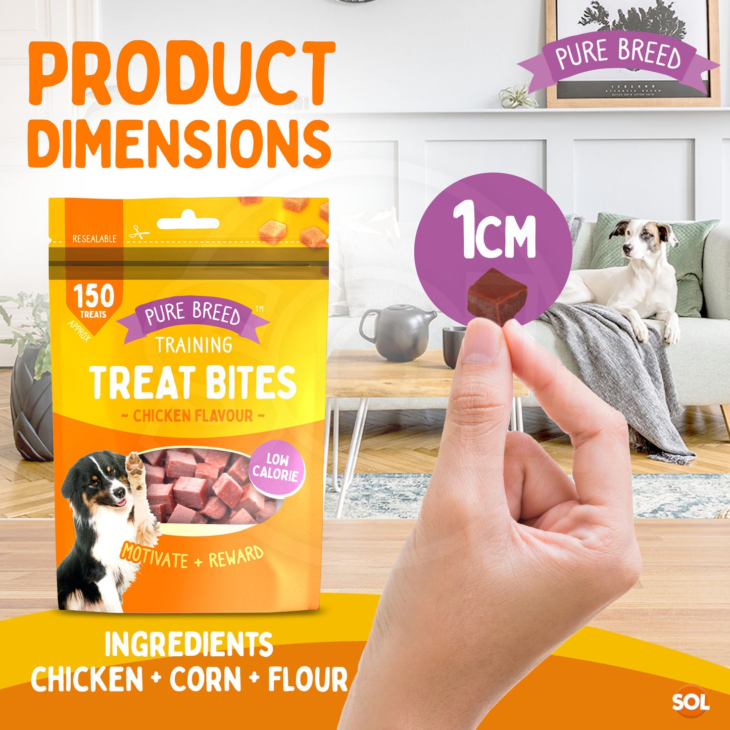 Pure Breed 6 Pack Dog Training Treat Bites 600 g Total | Chicken Flavour Low Calorie Dog Treats | Bite Size Reward Snacks for Training and Everyday Use | Resealable Packs for Freshness
