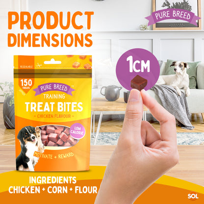 Pure Breed 6 Pack Dog Training Treat Bites 600 g Total | Chicken Flavour Low Calorie Dog Treats | Bite Size Reward Snacks for Training and Everyday Use | Resealable Packs for Freshness