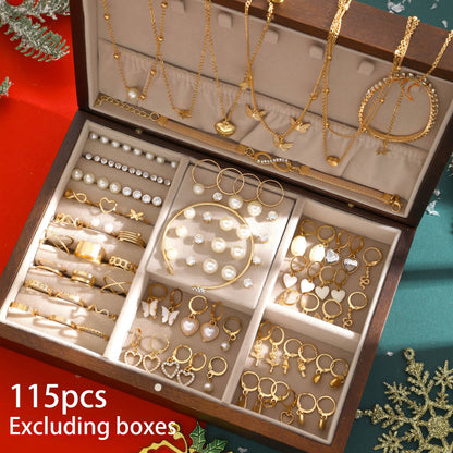 115pcs Fashion Elegant Love Heart Butterfly Necklace Synthetic Zirconia Imitation Pearl Christmas Theme Stud Earrings Hoop Earrings Bracelet Bangle Ring Five-In-One Multi-Piece Jewelry Set Women'S Daily Party Holiday Gift Fashion Jewelry Gift for Gi