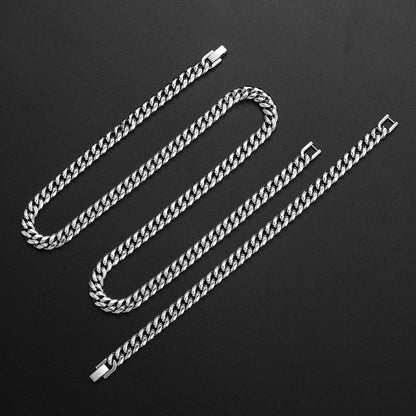 2pcs/ set 8mm 316L Stainless Steel Encrypted Cuban Chain Necklace Bracelet Fashion Jewelry Set for Men Handsome Hip Hop Rock Style Party Gift Accessories