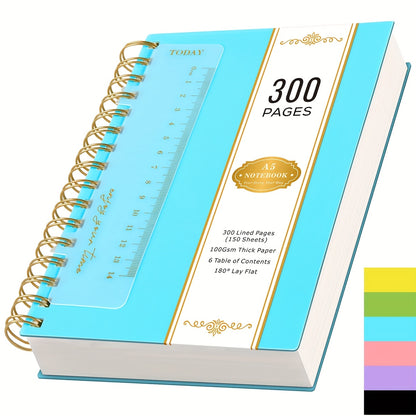 A5 Notebook, 300 Pages Wirebound Spiral Notepad for Writing, with Bookmark Ruler, 100gsm College Ruled Paper, No Bleed, PVC Cover, for Work Office School, 14.5 X 21cm Christmas Gifts, Back to School, College Essentials
