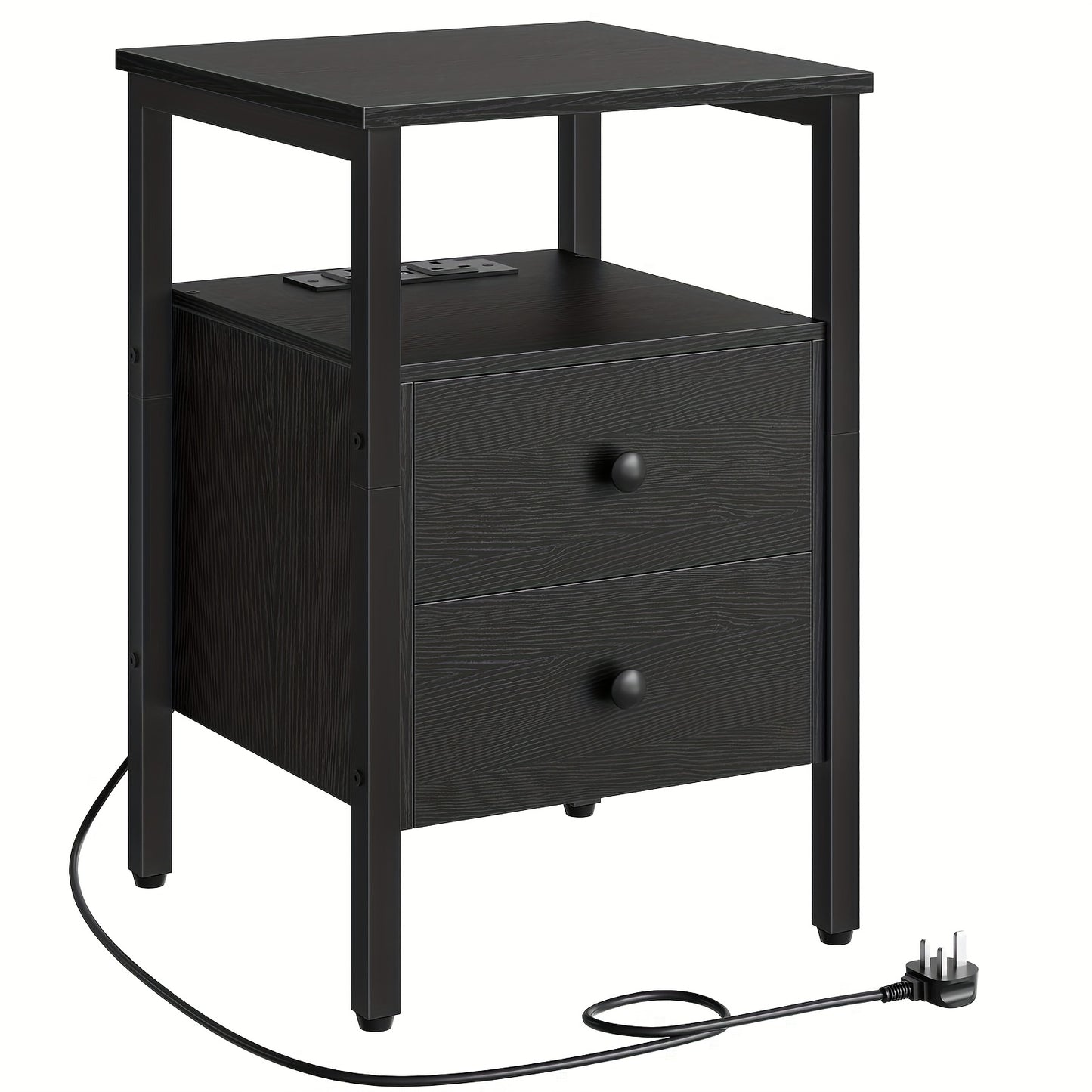 Side Table with Charging Station And USB Ports, Storage End Table with 2 Drawer Shelf, Night Stand for Small Spaces, Side Table for Living Room, Bedroom, Black