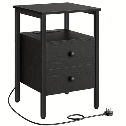 Side Table with Charging Station And USB Ports, Storage End Table with 2 Drawer Shelf, Night Stand for Small Spaces, Side Table for Living Room, Bedroom, Black