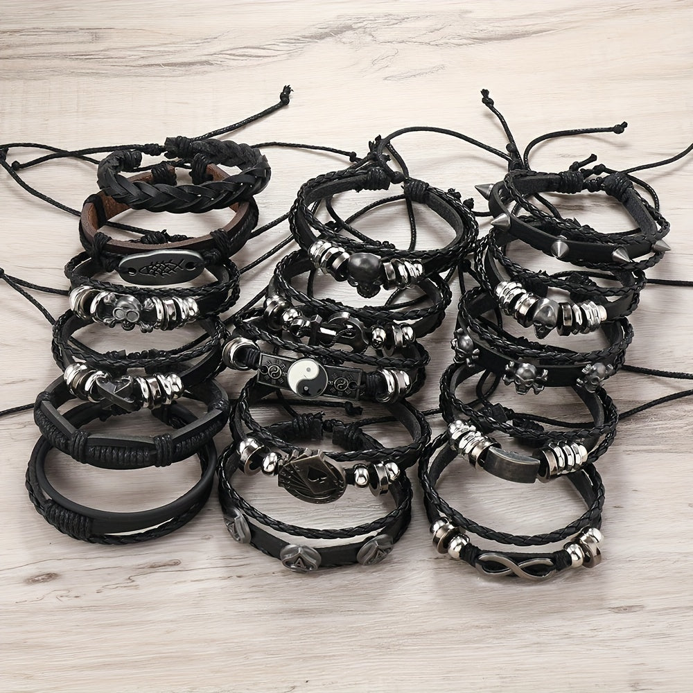Retro Fashion Men's 16pcs Adjustable Bracelet Set - Stylish, Casual Attire, Unisex Christmas Gift Halloween Gift New Year Gift