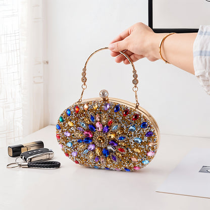 Women Evening Bag Multicolor Clutch Bag Luxury Crystal Handbag Bridal Wedding Purse Glitter Shoulder Bag with Detachable Chain Banquet Party Prom Crossbody Bag Gold-Multicolour, Green/ Gold/ Silver