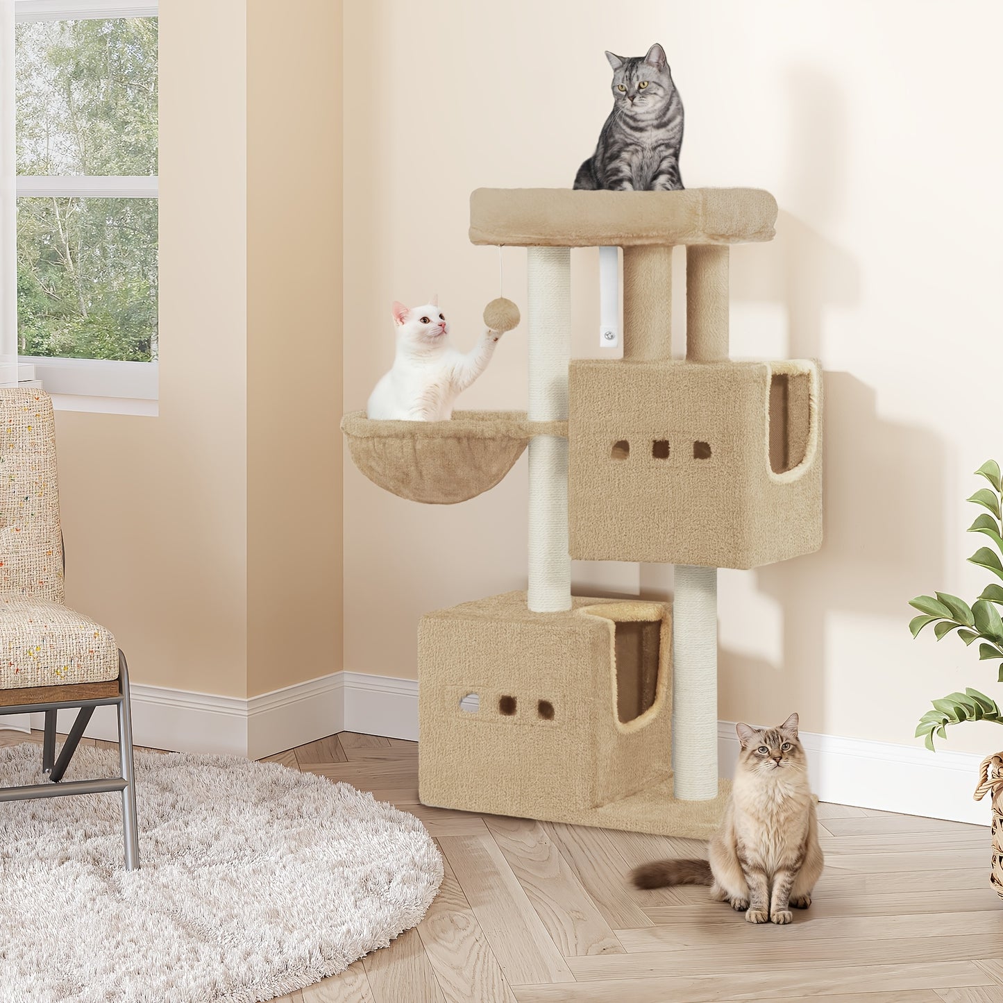 Cat Tree, Small Scratching Post, Multi-Storey Scratching Post with Perch, Cat House Furniture with 2 Caves, Sisal Cat Scratching Post, Hammock, 98 Cm