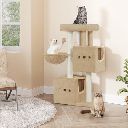 Cat Tree, Small Scratching Post, Multi-Storey Scratching Post with Perch, Cat House Furniture with 2 Caves, Sisal Cat Scratching Post, Hammock, 98 Cm