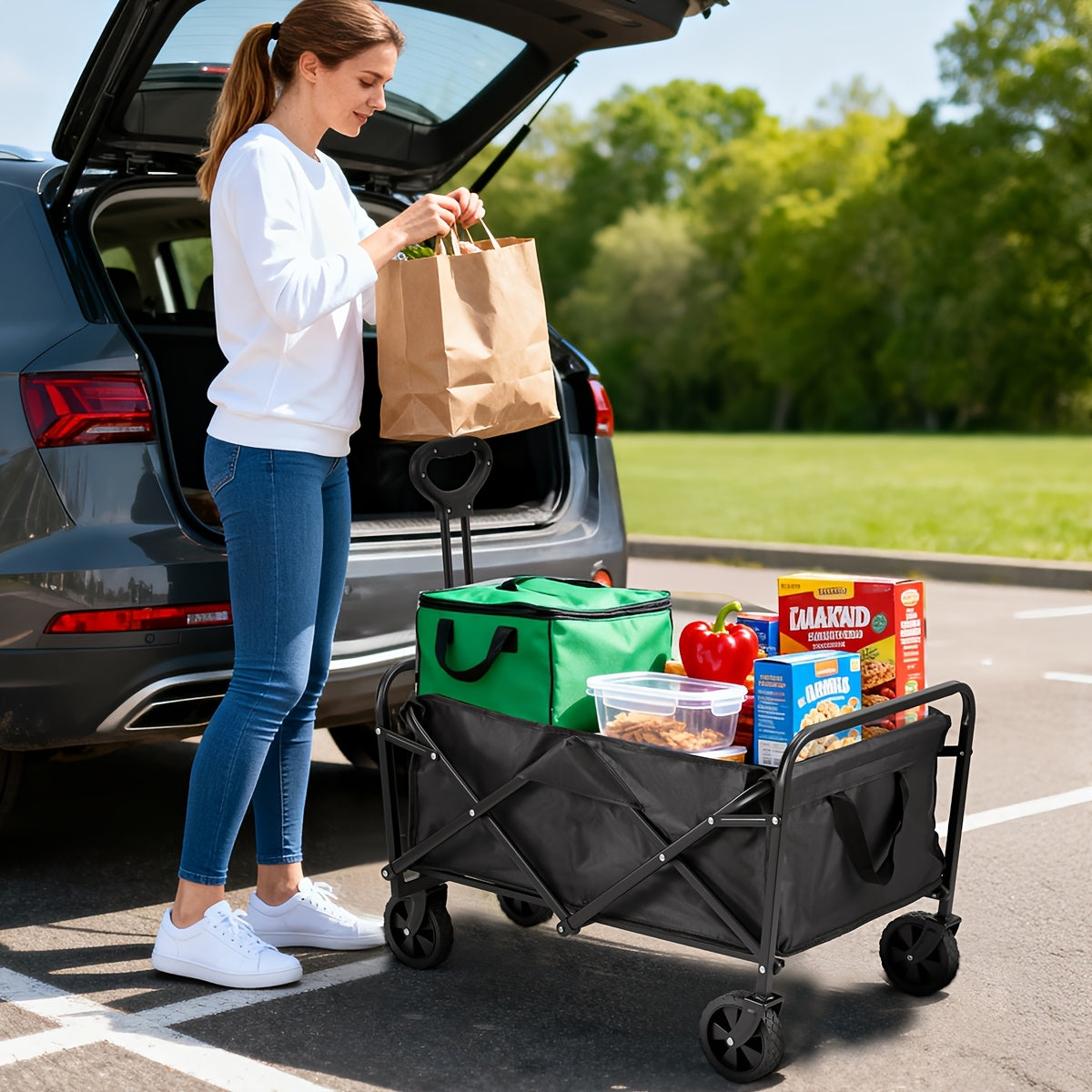 1pc Extra-Large Folding Wagon Cart with 149.69 KG Capacity, Designed for Heavy-Duty Use. It Is Portable And Foldable, Suitable for Outdoor Activities Like Beach Trips And Gardening