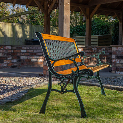 2 Seater Garden Bench Wooden Seat Cast Iron Legs Lattice Rose Backrest Outdoor Patio Bench 123cm Fir Wood Max 150kg Flat Pack