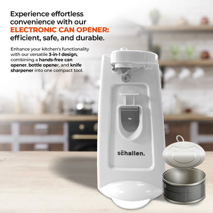 Schallen Electric Can Opener Automatic 3-in-1 Kitchen Appliance with Hands-Free Can Opening, Built-In Bottle Opener & Knife Sharpener | Electric Tin Opener for Easy Opening Cans, Jars, and Bottles | Hidden Power Cord Storage | Stainless Steel Durable Kitc