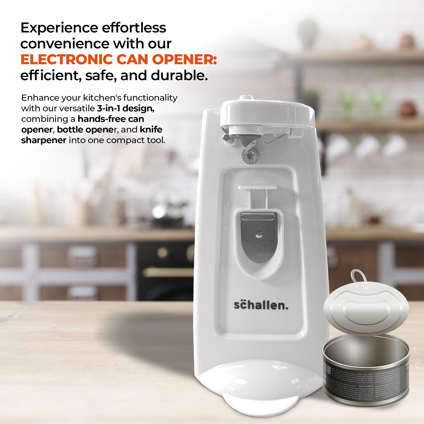 Schallen Electric Can Opener Automatic 3-in-1 Kitchen Appliance with Hands-Free Can Opening, Built-In Bottle Opener & Knife Sharpener | Electric Tin Opener for Easy Opening Cans, Jars, and Bottles | Hidden Power Cord Storage | Stainless Steel Durable Kitc