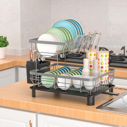 Dish Drainers, Double Layer Dish Rack with Drainage Plate, Dish Drying Rack with Tableware Rack And Cup Holder