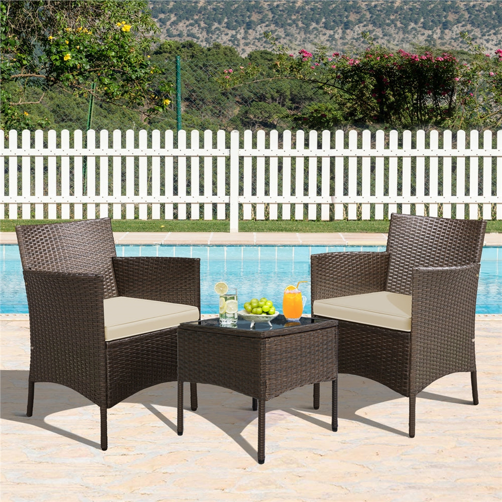 Costoffs Set of 3 Patio Table and Chairs, Outdoor Wicker Conversation Furniture Set, 2pcs Woven Rattan Chairs with Cushions and 1 Side Table