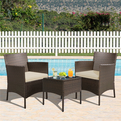 Costoffs Set of 3 Patio Table and Chairs, Outdoor Wicker Conversation Furniture Set, 2pcs Woven Rattan Chairs with Cushions and 1 Side Table