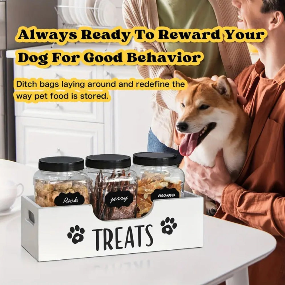 Wooden Pet Food & Treat Storage Container Set with 3 Jars & Labels | Farmhouse Round Canister Organiser for Dog Cat Treats Kibble | Black & White