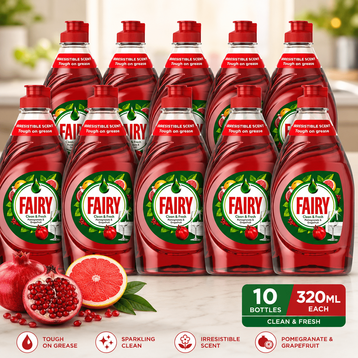 Fairy Pomegranate & Grapefruit Washing Up Liquid 320ml – Pack of 10 - Clean & Fresh, Tough on Grease, Gentle on Hands