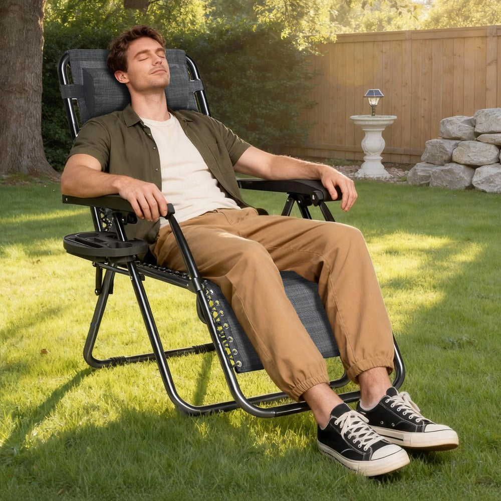 Zero Gravity Chair Foldable Reclining Outdoor Patio Lounge Chair with Padded Pillow Armrest Footrest Cup Holder Textilene Fabric Camping Garden Sunlounger Set of 1 or 2