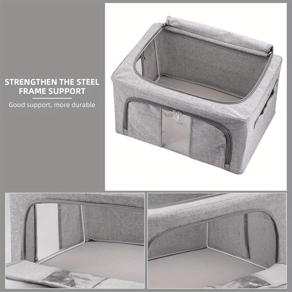 66L Foldable Storage Box with Clear Windows - Extra Thick Cotton Linen Fabric Organizer Bins | Space-Saving Stackable Design for Clothes, Blankets & Bedding Storage (Zipper Closure, Wardrobe Essential)