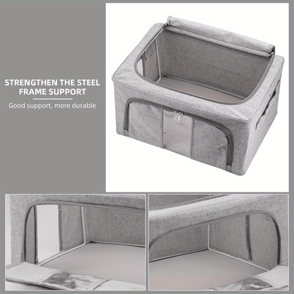 66L Foldable Storage Box with Clear Windows - Extra Thick Cotton Linen Fabric Organizer Bins | Space-Saving Stackable Design for Clothes, Blankets & Bedding Storage (Zipper Closure, Wardrobe Essential)