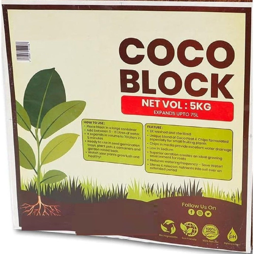 Coconut Coir Coco Block 5kg Expands to 70L – Compressed Coconut Fibre Compost for Plants, Reptiles & Growing Media, pH Stable, High Moisture Retention
