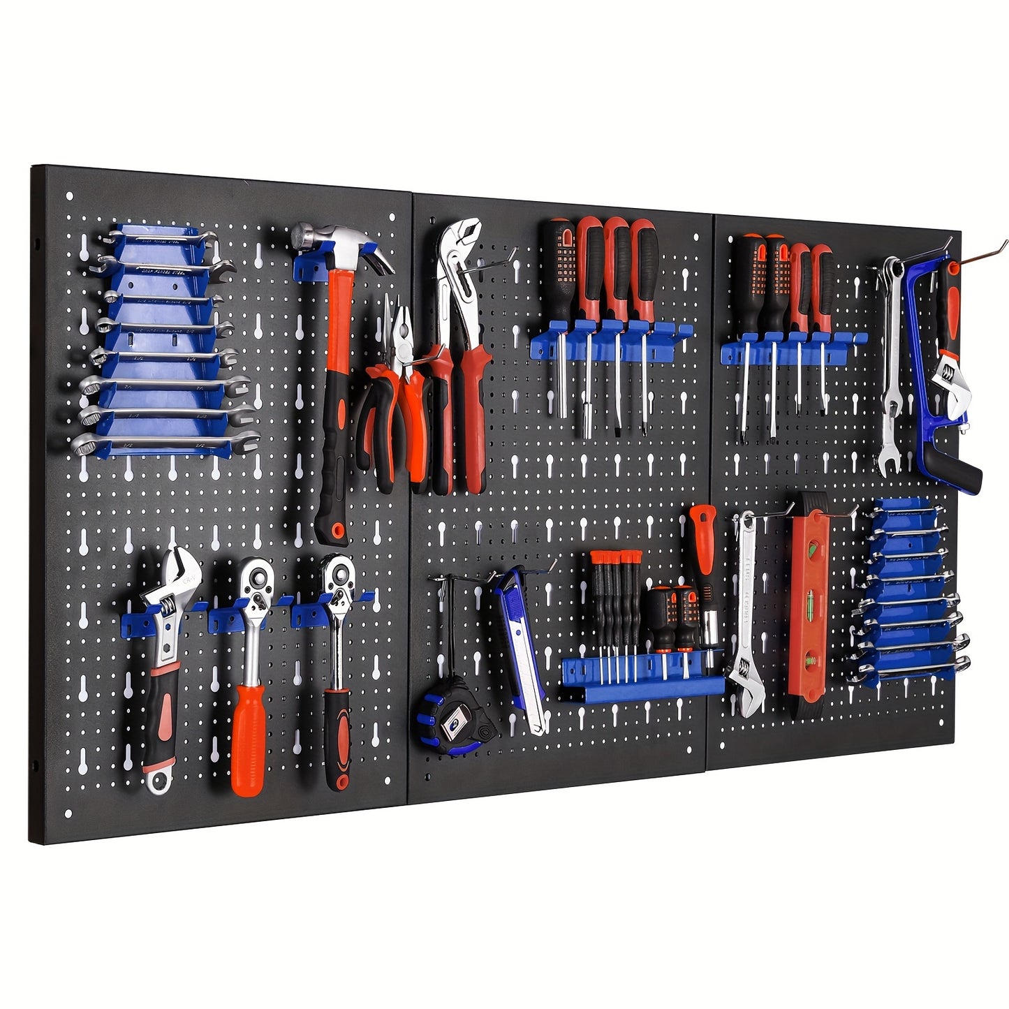 Metal Tool Rack, Three-piece Hole Rack, Expandable Workshop Rack, with 17 Hooks and Brackets, Workshop Tool Rack, 117 x 55 x 2cm, Blue