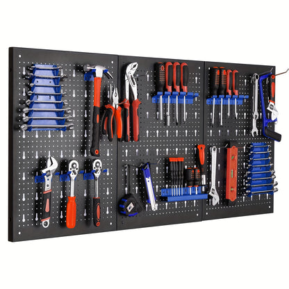 Metal Tool Rack, Three-piece Hole Rack, Expandable Workshop Rack, with 17 Hooks and Brackets, Workshop Tool Rack, 117 x 55 x 2cm, Blue