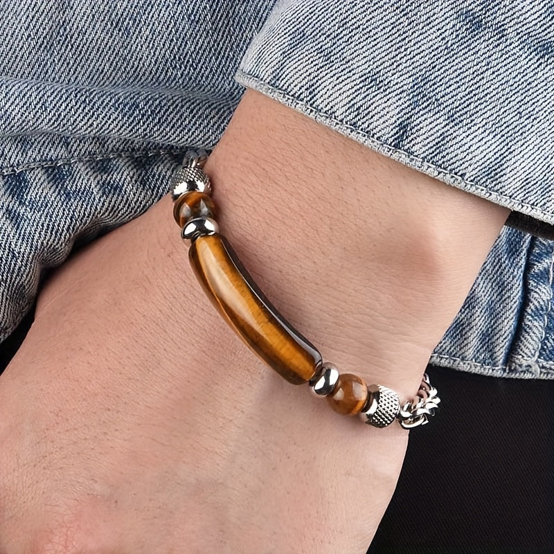 1pc Beaded Flower Basket Chain Bracelet Natural Stone Black Agate Tiger Eye Arc Beaded Bracelet (Slight Cracks in Natural Stone Are Normal) Holiday Gift for Family And Friends Christmas Halloween, Men'S Gift, Men'S Christmas Gift