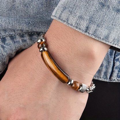 1pc Beaded Flower Basket Chain Bracelet Natural Stone Black Agate Tiger Eye Arc Beaded Bracelet (Slight Cracks in Natural Stone Are Normal) Holiday Gift for Family And Friends Christmas Halloween, Men'S Gift, Men'S Christmas Gift