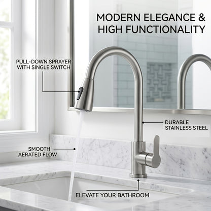 1pc Kitchen Faucet with Pull Down Sprayer, Single Handle Water Kitchen Bathroom Faucet, Stainless Steel Faucet, Two Use Modes Faucets Spray Stream:, Arc 360- Degree Rotary Nozzle Faucets, for Farmhouse, Commercial, Kitchen Bathroom Sink