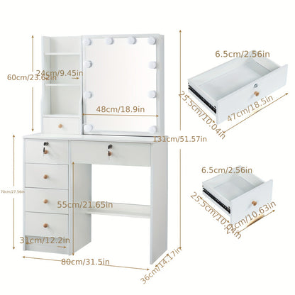!Multiple Options, Check Before Buying, [Hollywood Makeup Mirror], [Dressing Table And Stool] [Vanity Desk] [Fast Local] Gift for Daughter Girlfriend And Wife, White Makeup Vanity Desk with Mirror And Dimmable Lights, Dressing with Chair