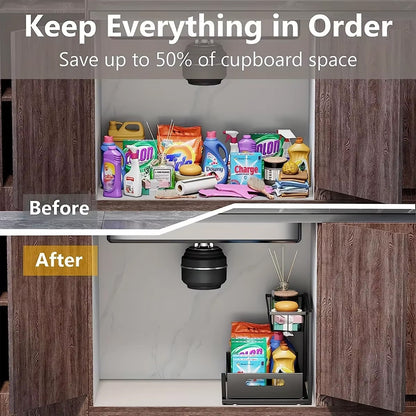 2 Tier Pull Out Basket Kitchen Under Sink Cupboard Organiser Drawer Storage Rack
