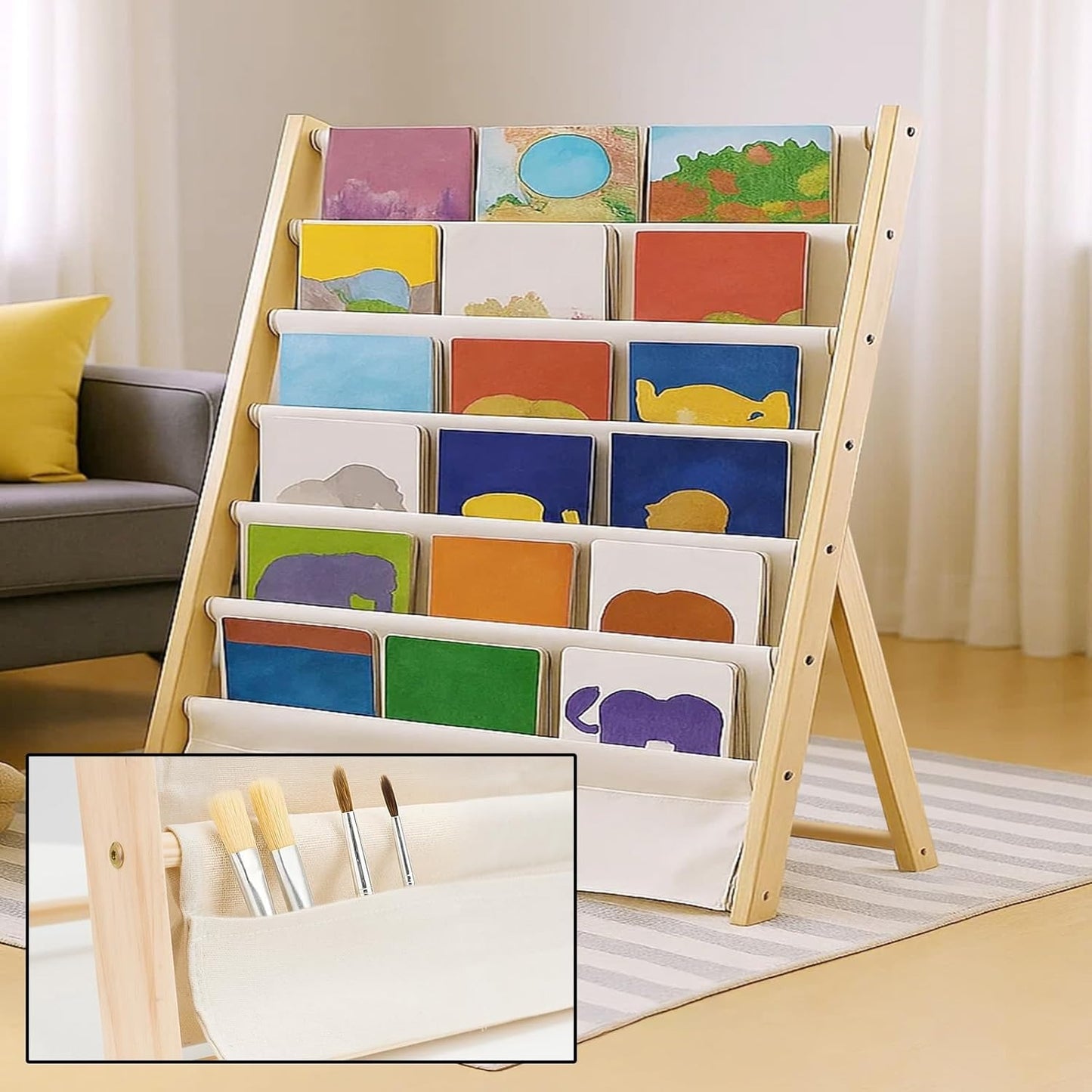 7-Tier Fabric Bookshelf with Deep Pockets, Wood Frame Standing Book Rack, Space-Saving Display Storage for Books, Magazines & Albums, Home and Office Organiser