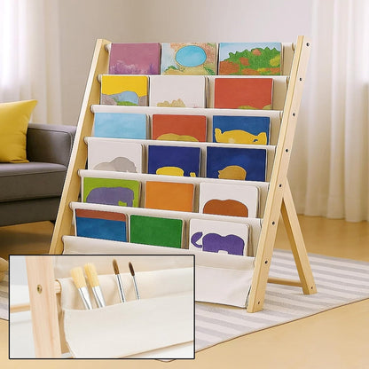7-Tier Fabric Bookshelf with Deep Pockets, Wood Frame Standing Book Rack, Space-Saving Display Storage for Books, Magazines & Albums, Home and Office Organiser