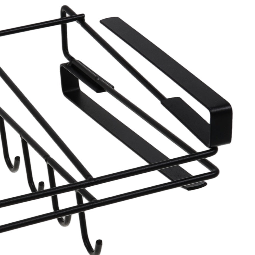 Under Cabinet Storage Rack with Hooks – No-Drill Carbon Steel Kitchen Hanging Shelf for Cutting Boards, Cups, Cloths & Kitchen Utensils, Black