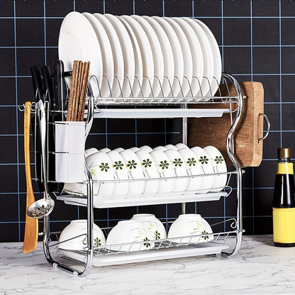 1pc 3 Tier Dish Rack with Cutlery Cup Plates Holder and Sink Draining Rack Tray - 3 Layer Drain Rack, Cutting Board Holder, and Household Tableware Storage Rack - Kitchen Accessories