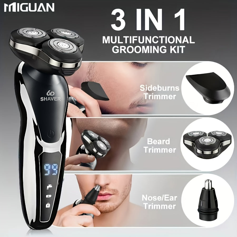 Electric Razor for Men, 3in 1 Electric Shaver Nose Hair Trimmer USBRechargeable Portable Razor 3D Floating Blade Digital Display ShavingBeard Machine