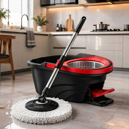 Deluxe Spin Mop & Bucket Set with Stainless Steel Wringer, Adjustable Handle (48–135cm), 2 Microfiber Mop Heads & Foot Pedal Heavy Duty Cleaning System for Home & Floor Care