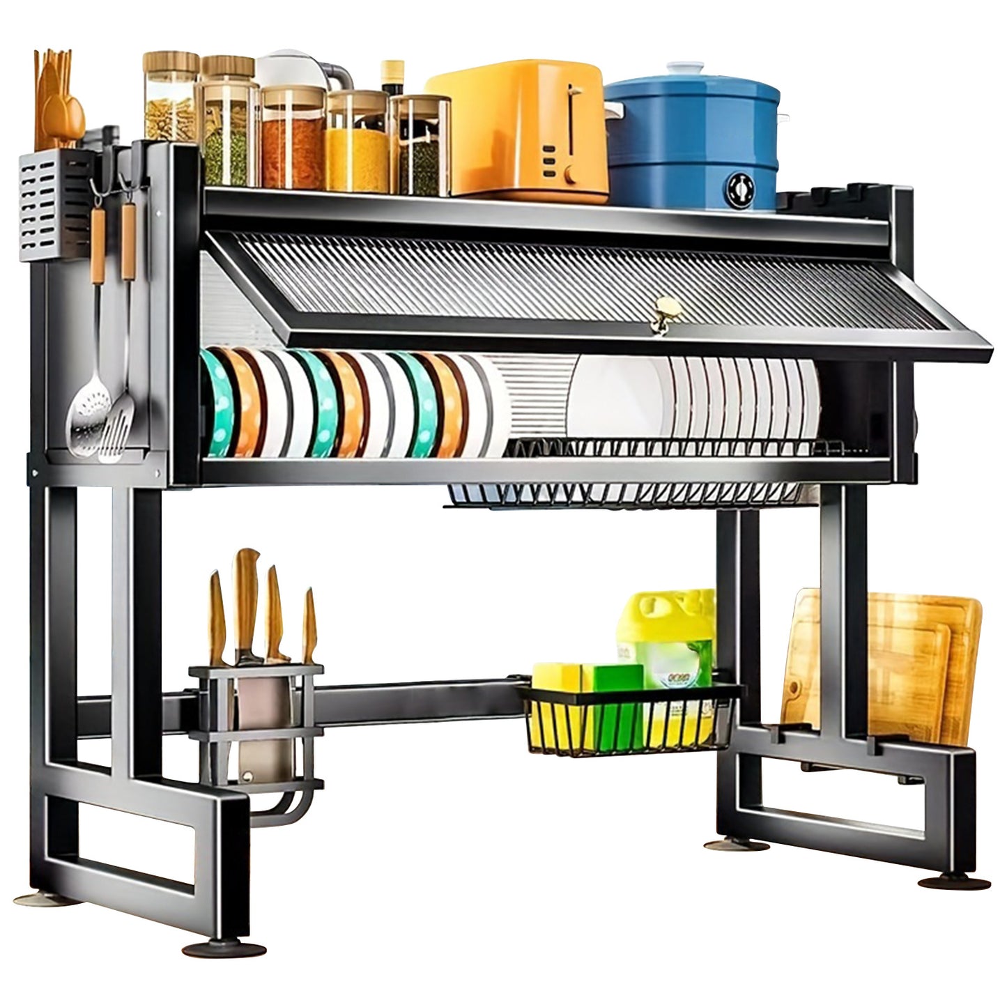 1Set Over The Sink Dish Drying Rack, Multi-Functional Kitchen Countertop Organizer, Kitchen Sink Shelf Dish Rack with Cover, Space-Saving for Dishes And Utensils, Kitchen Organization
