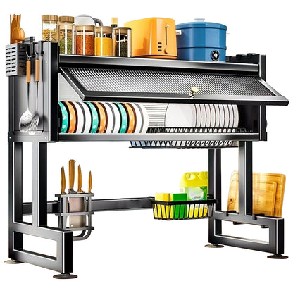 1Set Over The Sink Dish Drying Rack, Multi-Functional Kitchen Countertop Organizer, Kitchen Sink Shelf Dish Rack with Cover, Space-Saving for Dishes And Utensils, Kitchen Organization