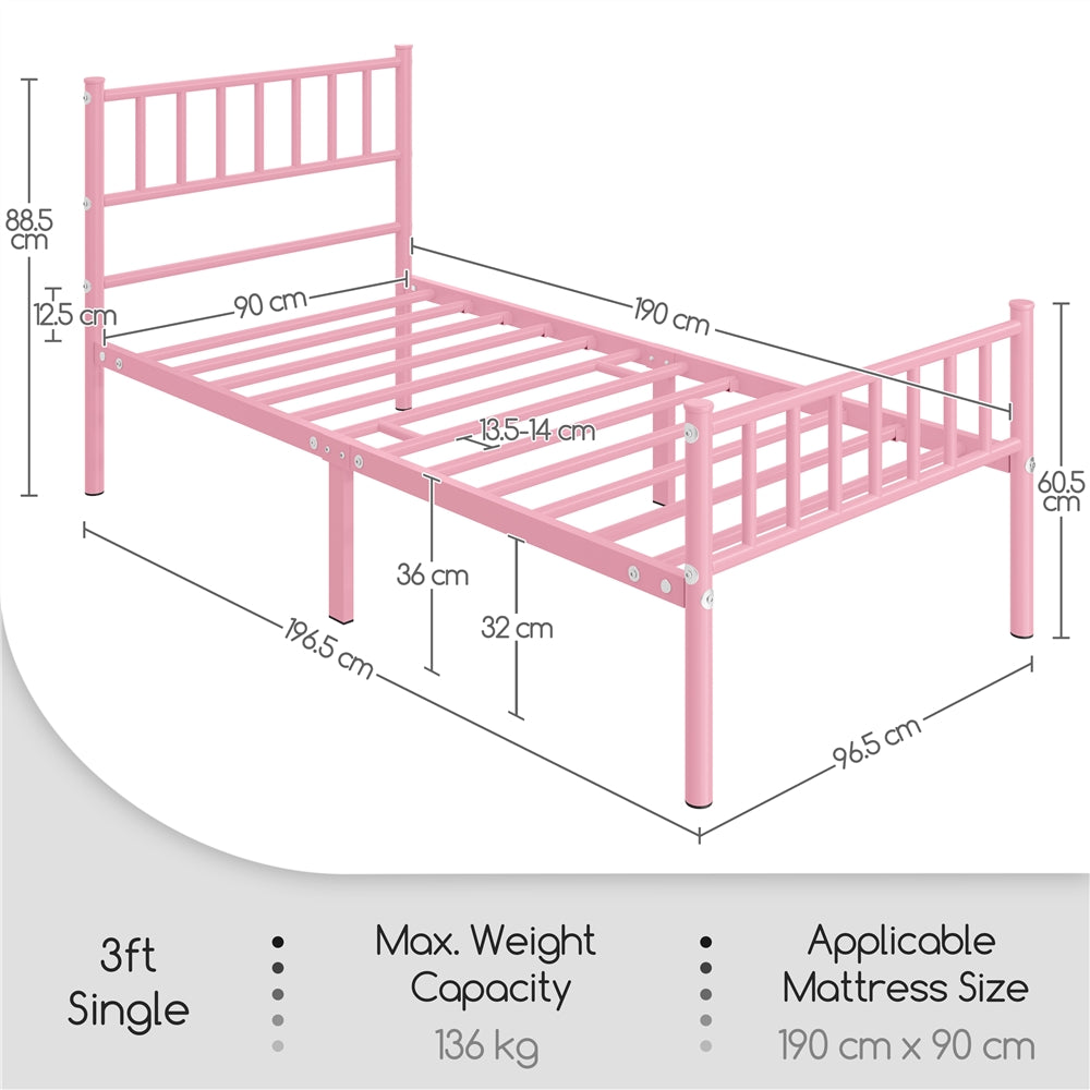 Costoffs Metal Bed Frame, Single/Double Size Bed Platform with Slatted Headboard and Footboard, Solid Slat Support, Large Storage Space, Easy Assembly Bed, Modern Mattress Foundation, Black/White/Pink/Silver