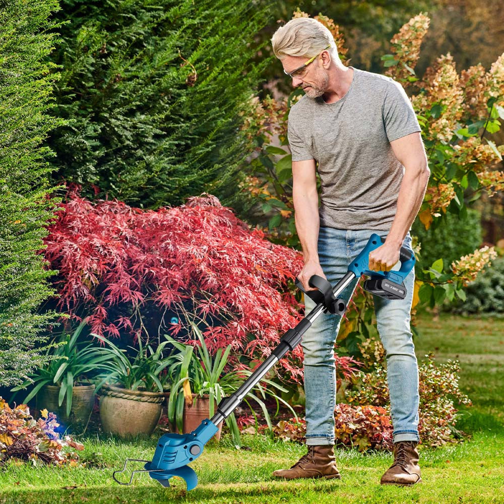 Machine ONLY Cordless Grass Trimmer, 3-in-1 Upgraded Electric Grass Trimmer with 2pcs 2.0Ah Large Capacity Battery, Pure Copper Motor, Telescopic & Foldable Handle, Removable Wheels, 360°Adjustable, Lawn Mowing, Weed Eater, Garden Edging, Landscaping, for