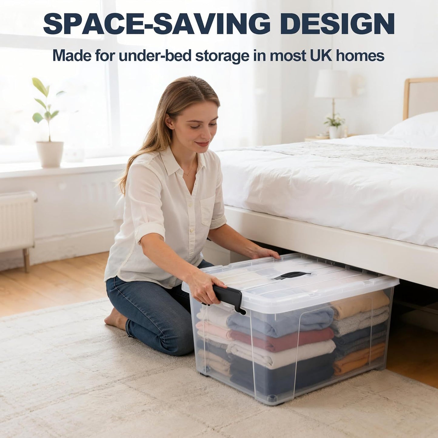 3‑Pack Clear 43L Storage Boxes with Lids & Wheels – Stackable Plastic Containers with Secure Clips and Integrated Handles for Home, Bedroom, Office & Kitchen Organisation