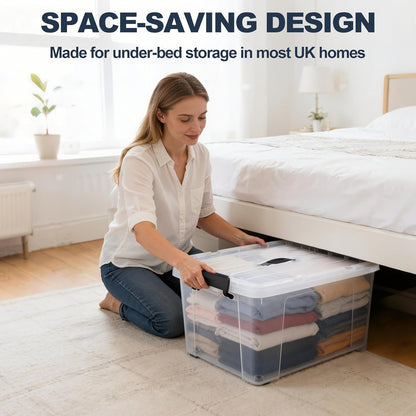 3‑Pack Clear 43L Storage Boxes with Lids & Wheels – Stackable Plastic Containers with Secure Clips and Integrated Handles for Home, Bedroom, Office & Kitchen Organisation