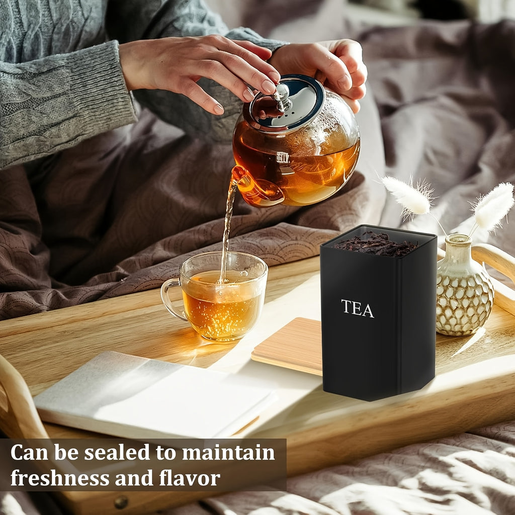 Tea Coffee Sugar Canister Set 3 Piece – Black Metal Kitchen Storage Jars with Airtight Bamboo Lids, 1400ml Each, Stylish Countertop Containers for Coffee, Tea & Sugar Storage