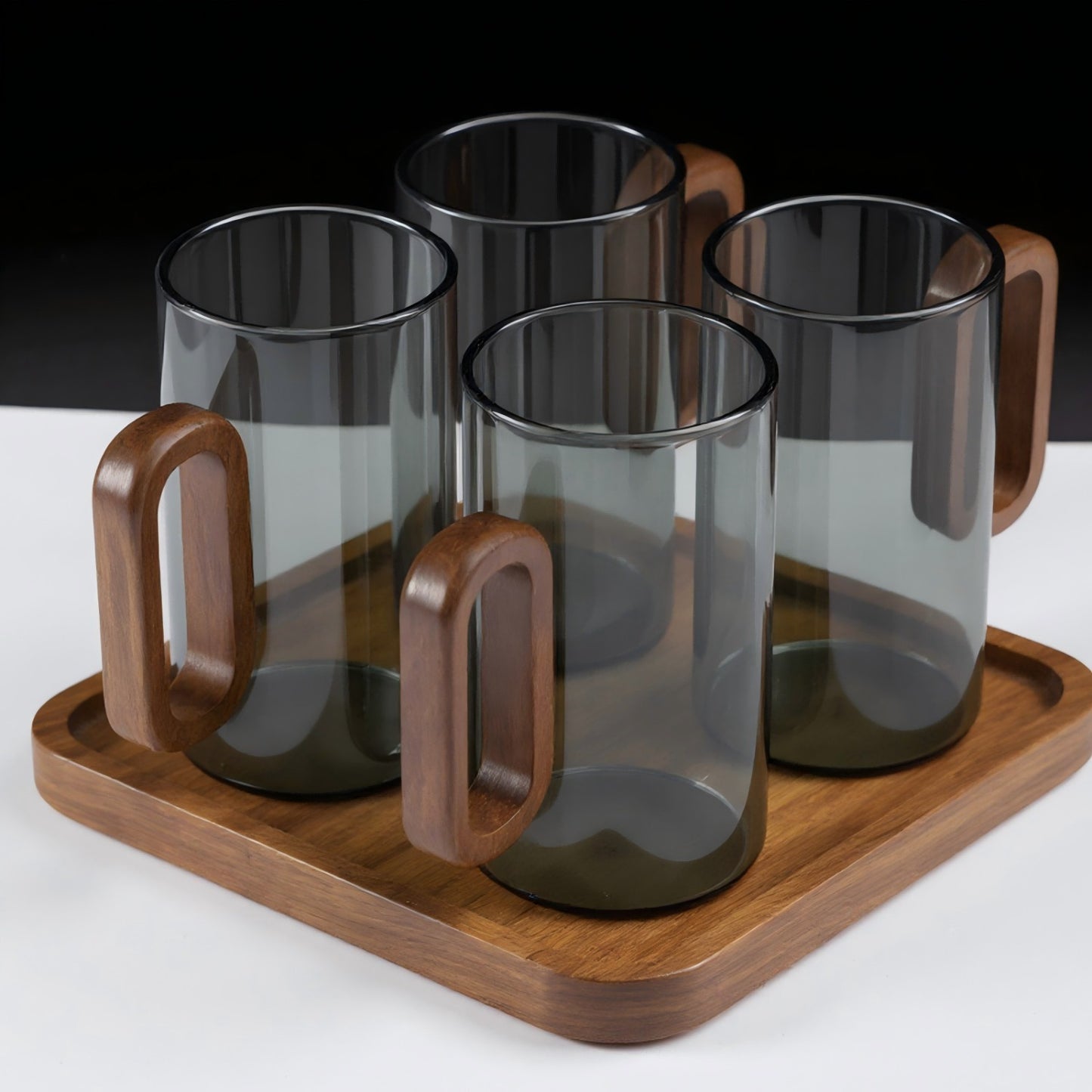 6pcs Glass Water Cups with Wooden Handle, 360mL Smoky Blue Drinking Glasses for Tea, Coffee & Cold Beverages, Modern Household Living Room Cups