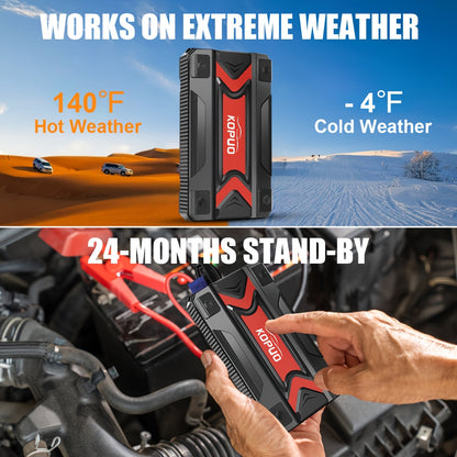 KOPUO 3000A/5000A Car Jump Starter (9L Gasoline/8L Diesel) Portable Car Jump Starter, 12V Car Battery Jumper Starter with Safety Jumper Cables, Fast Charging Car Battery Booster Jump Starter, Lights, Compact, Camping Essentials