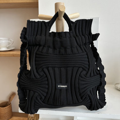 Casual Knitted Woven Handbag with Drawstring And Hand-Held Bag A Japanese And Korean Style A Stylish Soild Bag