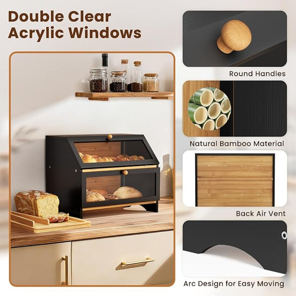 Double Layer Bamboo Bread Box Bread Bin with Transparent Window, Suitable for Kitchen and Dining Room, Pantry Organization Keeps Bread, Fruits, Snacks Fresh, Natural/Black