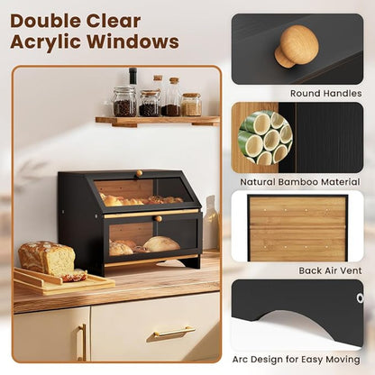 Double Layer Bamboo Bread Box Bread Bin with Transparent Window, Suitable for Kitchen and Dining Room, Pantry Organization Keeps Bread, Fruits, Snacks Fresh, Natural/Black