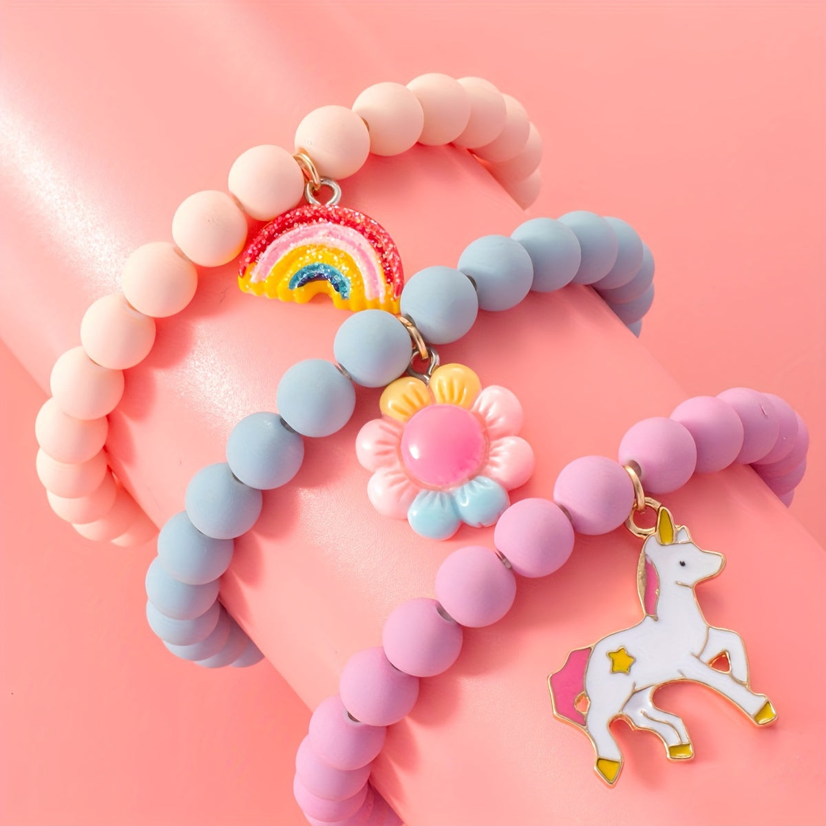 3pcs Cute Minimalist Unicorn Sunflower Rainbow Beaded Bracelets for Girls' Daily Wear